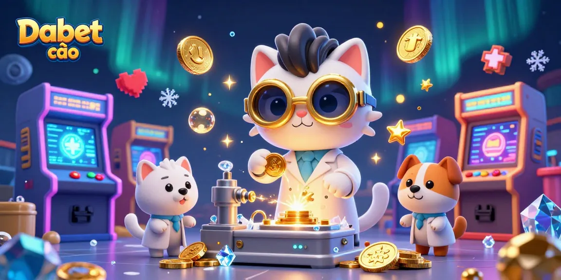 Dabet vào elevates gameplay with a mad scientist cat and vibrant arcade elements in a casino lab.