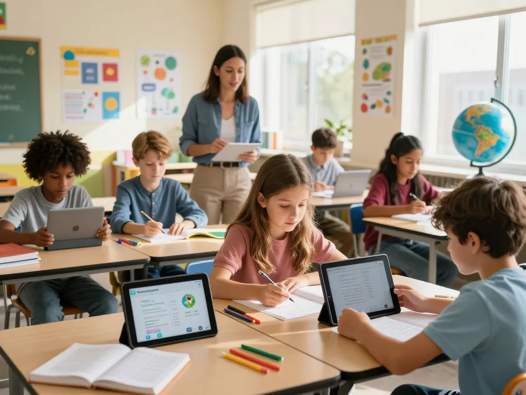 Schüler, die die Hausaufgaben Scanner-App in einem hellen Klassenraum nutzen.