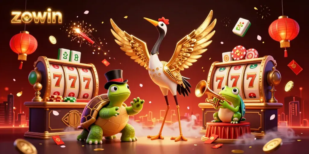 Zowin offers an exciting 3D casino scene featuring interactive slots with vibrant characters and engaging elements.