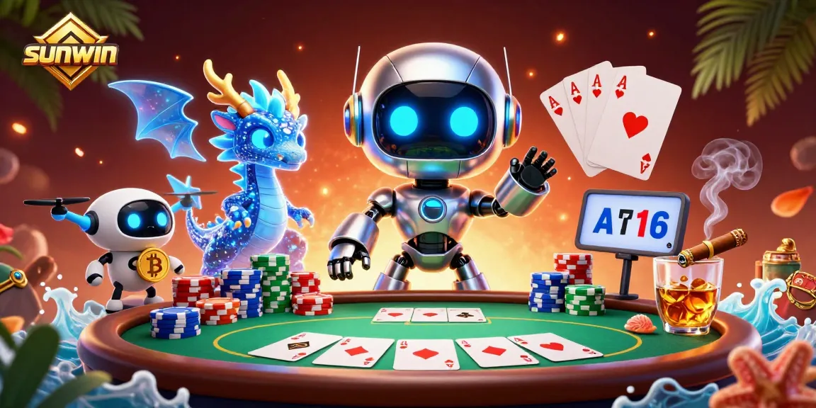 Experience thrilling poker action with sunwin featuring a cyberpunk robot and holographic dragon.