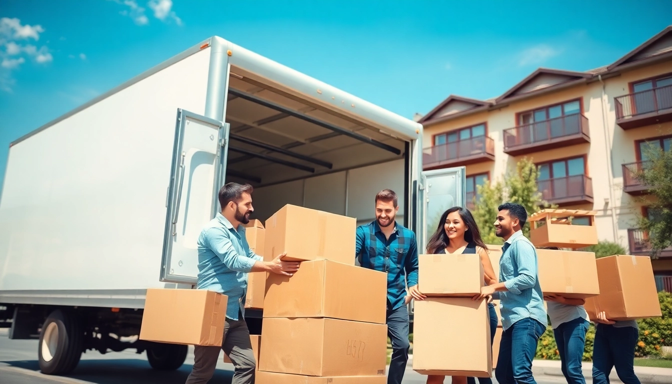 Umzugsunternehmen Speyer packt Umzugskästen in einen Lastwagen vor einem Wohnhaus.