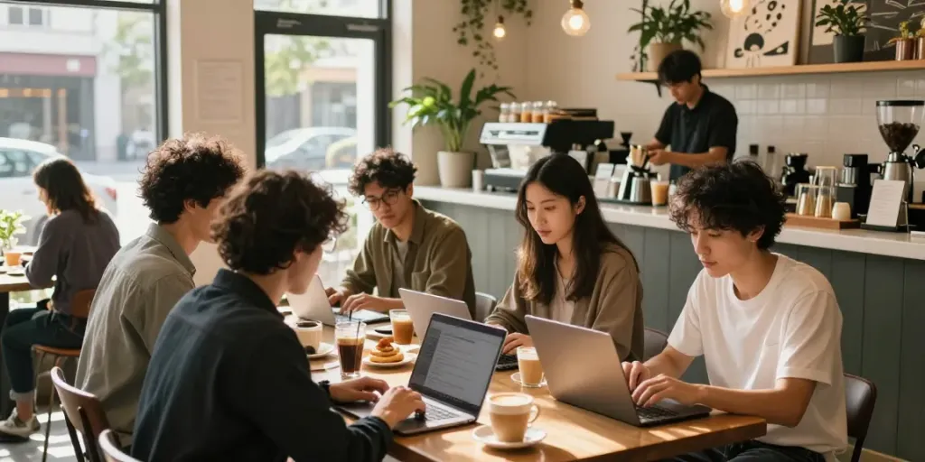 MeinBezirk.at: Junge Erwachsene im Café bei Gesprächen und Laptop-Arbeit.