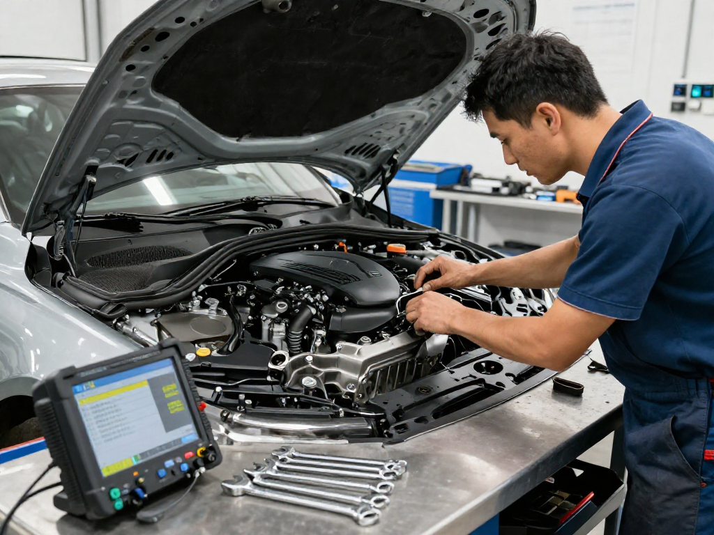 Chiptuning Hannover: Fachmann arbeitet am Motor eines BMW mit modernster Ausrüstung.