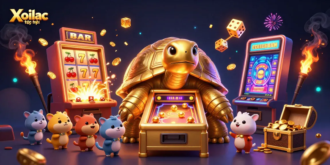 Xoilac trực tuyến offers an exciting casino experience with a golden tortoise pinball machine surrounded by vibrant jackpot elements.
