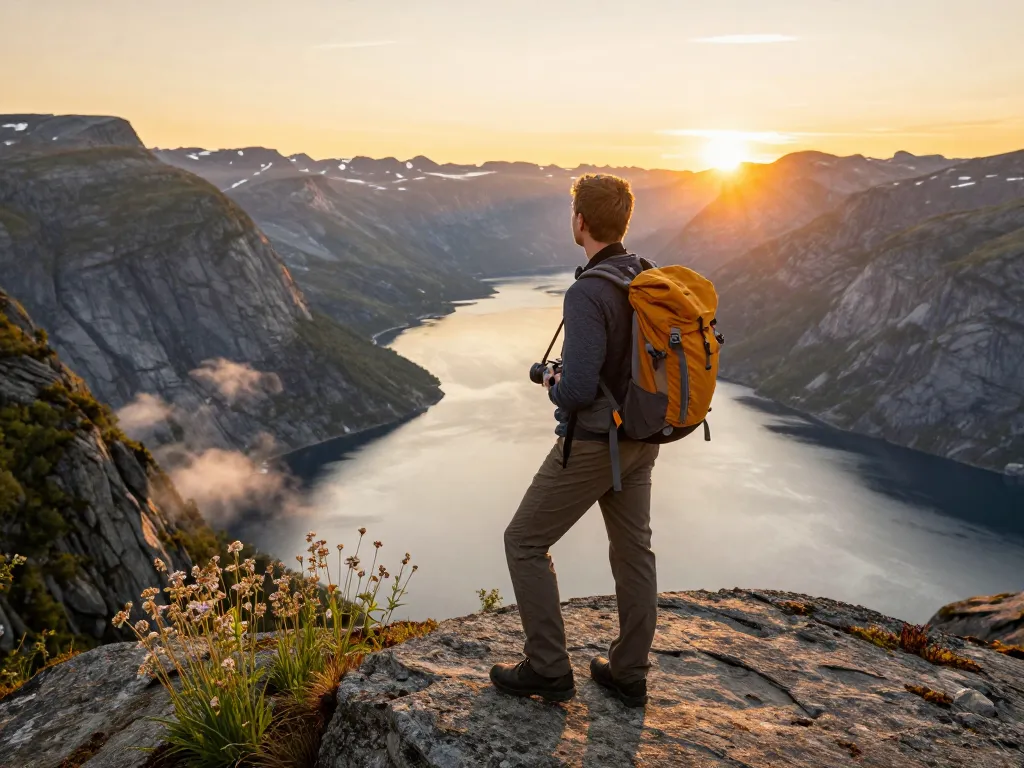 Reisender, der atemberaubende Ausblicke während seines Urlaubs in Skandinavien genießt und die atemberaubenden Fjorde hervorhebt.