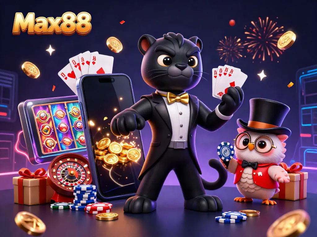 Max88 showcases an elegant scene with a panther dealer, owl, and lucky mouse surrounded by casino elements.