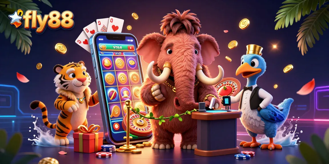 Fly88 casino scene with a mammoth bouncer and vibrant gambling elements promoting exciting gameplay.