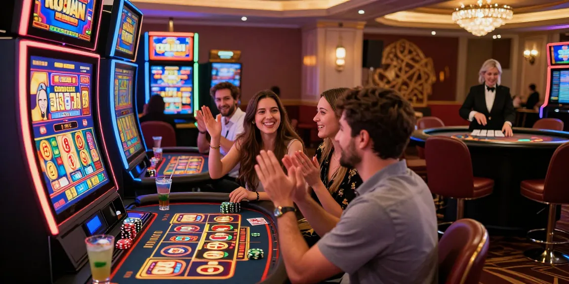 Exciting scene at Godzz Casino with players enjoying slots and live dealer games, celebrating wins in a vibrant atmosphere.