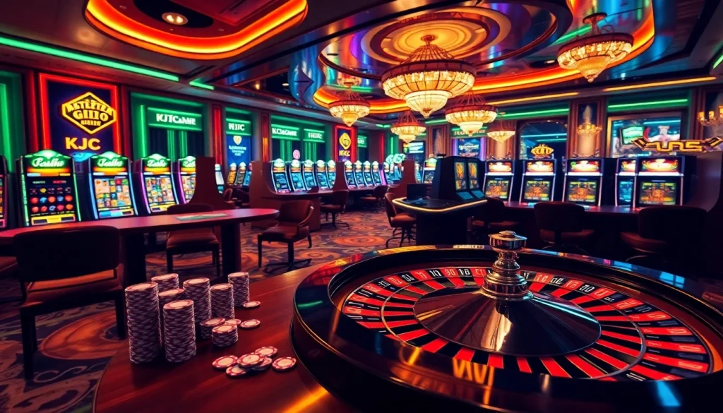 KJC casino scene featuring luxurious gaming tables and vibrant slot machines, radiating excitement.