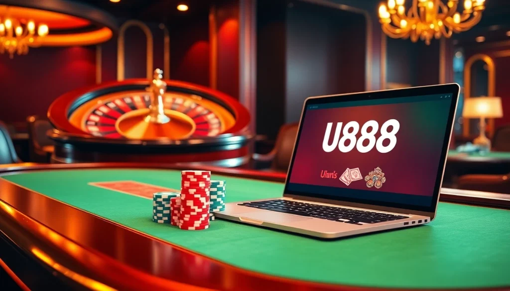 Experience the excitement of U8888 with a luxurious casino table and roulette wheel.