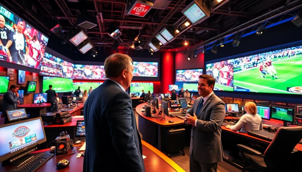 Engaging scene of sports broadcasting in a modern studio showcasing hosts and vibrant screens.