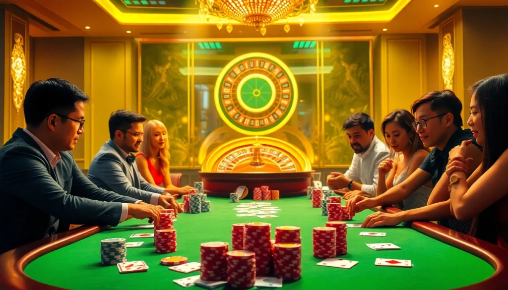 Players enjoying a thrilling poker game at RR88 casino with colorful chips and cards.