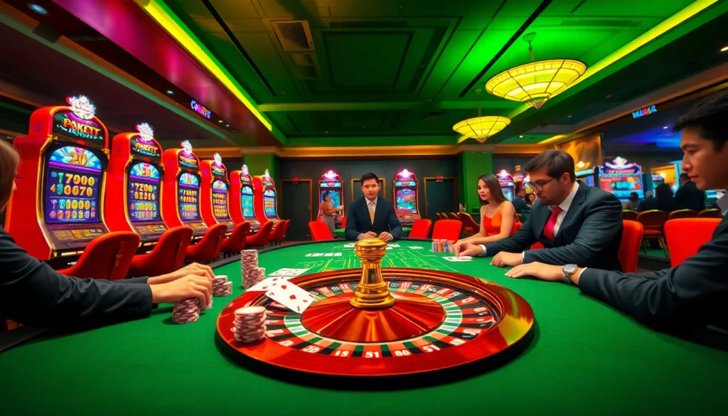 Exciting PG88 Trang Chủ casino scene showcasing poker players, roulette wheel, and vibrant slot machines.