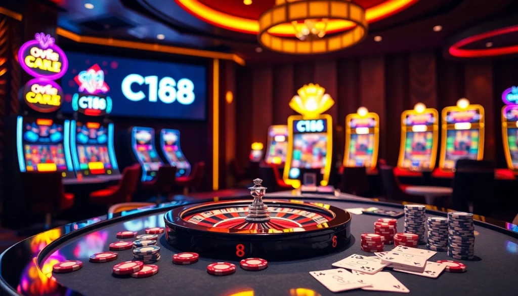 C168 showcases an exciting casino scene with roulette and poker chips highlighting the thrill of gaming.