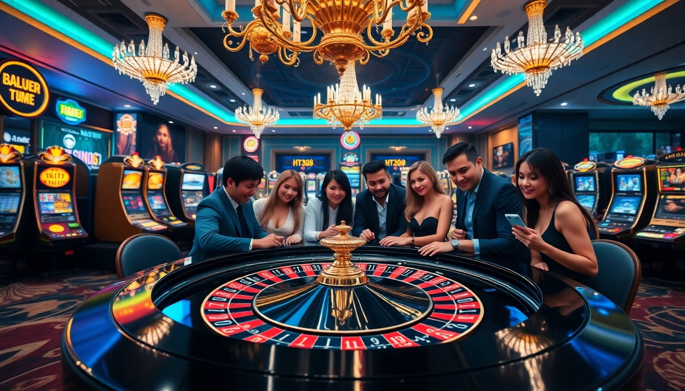 HT368 players enjoy an exciting game at a luxurious casino table, reflecting thrill in gambling.