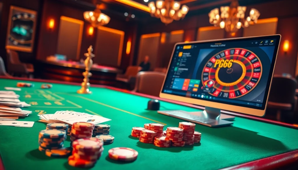Engage with thrilling games at Trang Chủ PG66, featuring a vibrant poker table with colorful chips.