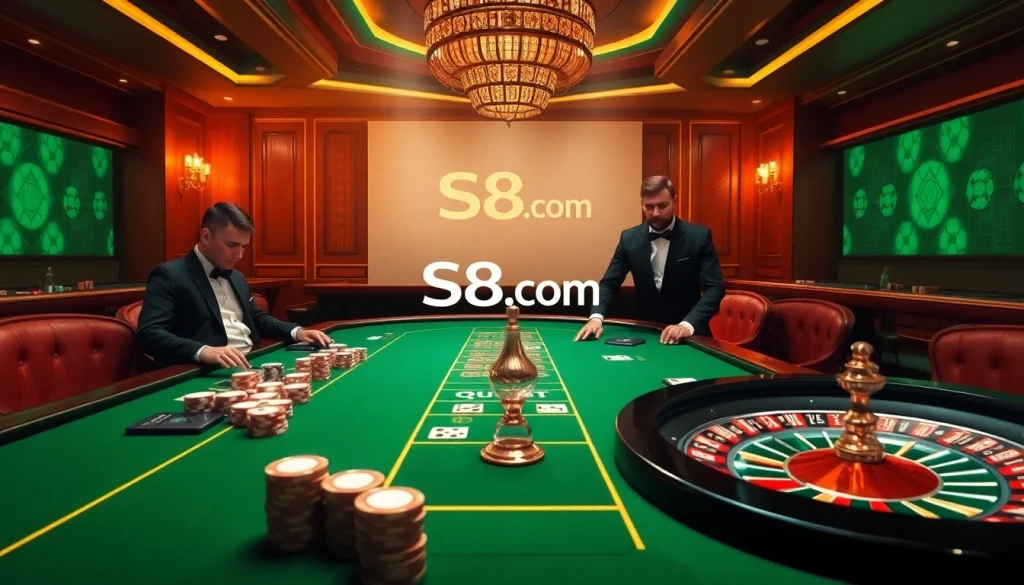Experience intense gaming action at S8.com with vibrant casino tables and winning poker chips.