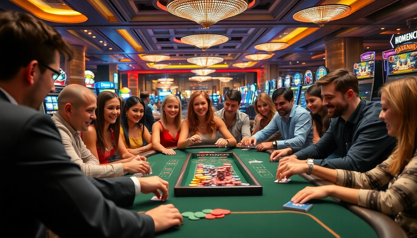 Spannende Casinospiele.de Szene mit Spielern an einem Tisch in einem energiegeladenen Casino.