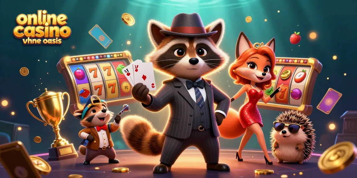 Play in an engaging online casino ohne oasis with a raccoon holding a royal flush and vibrant atmosphere.