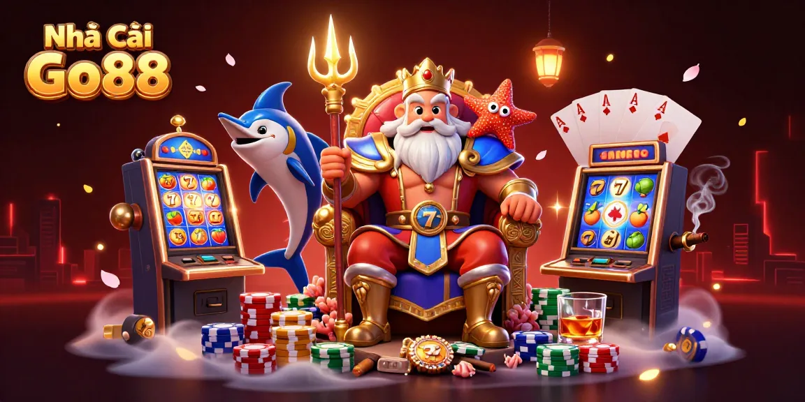 Engage with thrilling games at Nhà Cái Go88 featuring slots, poker chips, and a vibrant casino scene.