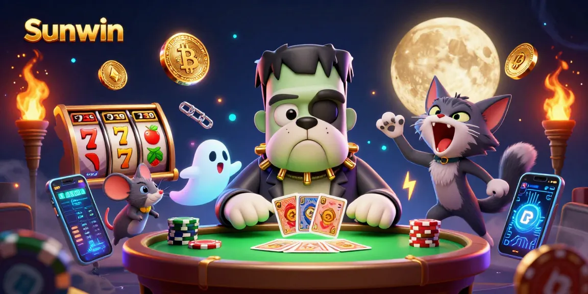 Engage in thrilling gameplay at Sunwin with a unique 3D casino scene featuring monsters, cards, and vibrant crypto elements.