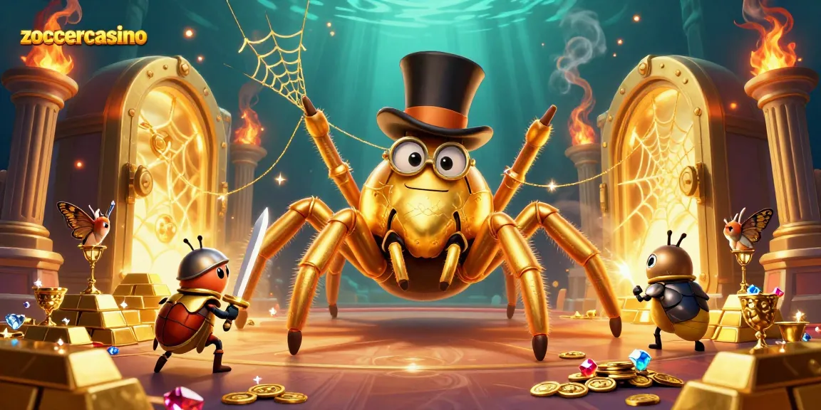 ZoccerCasino showcases a vibrant 3D scene with a golden tarantula navigating a casino treasure world.