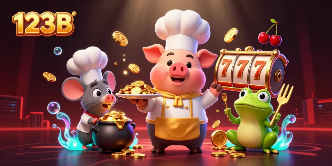 Experience thrilling slots action with 123B as a chef pig serves golden coins amidst dynamic casino elements.